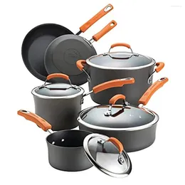 Köksredskap sätter 10-delat grå aluminiumuppsättning med glaslock och gripande orange handtag Hållbar nonstick-teknik snabb uppvärmningsugn