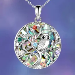 Hänge halsband Owl Tree of Life Abalone Shell Necklace For Women Girls Bird Red Blue Crystal Birthstone Pendant Smycken krage Para Mujer Y240420