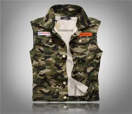 New Autumn Men039S 위장 Denim Vests Military Sleeveless Jeans Jackets 패션 캐주얼 남성 조끼 Camo Waistcoats Homme M5x6720446