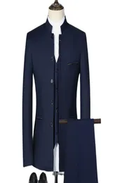 Suit da uomo Blazer Fashion Casual Boutique White Stand Up Collar Cinese in stile 3 Pcs Set di pantaloni con giacca in forma slim giubbotto 2219832671