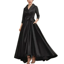 Elegant lång hög-låg satin Mor till brudklänningarna Asymmetriska plus svart V-ringning Brudgum Moderklänningar med fickor la madre del vestido de novia för kvinnor