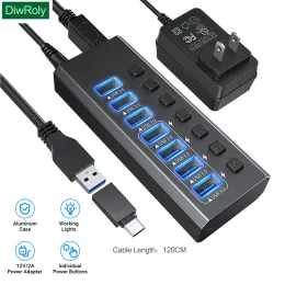 Hubs USB Hub 3.0 High Speed Multi USB Splitter 7 Port 3 Hab Power Adapter Fast Charging with Switch Long Cable with Multiple Expander