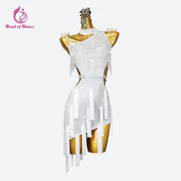 Scenkläder vita kvinnor passar latin klänning fransad dance kjol flicka dankläder kläder för linje kvällstävling kostym elegant midi outfit