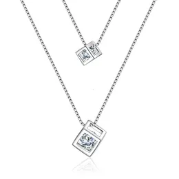 925 Silver Charm Necklace: Double Layer Crystal Square Pendant For