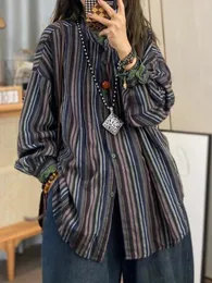 Bloups feminina Moda coreana listrada Camisa 2024 Primavera Verão Cardigan Loose Codtern Cotton Manga longa Retro Lady Tops feminino