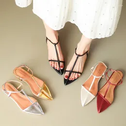 Casual Shoes 2024Ins Design Women Flats Gold Sandals Thin Strap Beach Silver Summer Pointed Toe Wine Red Sandalias Femininos