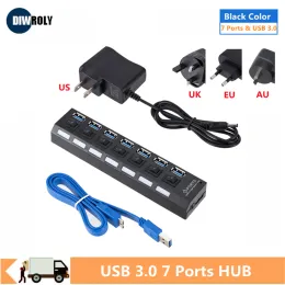 Hubs USB 3.0 HUB Multi USB Slitter 3 Hab Utilizzo Adattatore di alimentazione 7 Porta Multiple Expander USB 3.0 Hub con switch per PC Computer