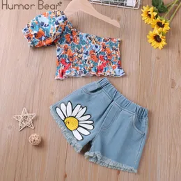 Giyim Setleri Mizah Bear Girls Giyim Seti Yaz Salın Seti Shoudler Floral T-Shirt Denim Şort 2 PCS Sıradan Çocuk Kızlar Takım