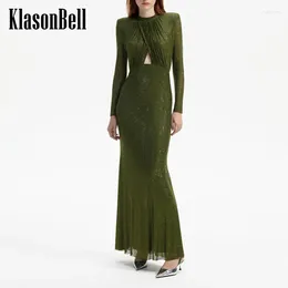 Lässige Kleider 3,5 Klasonbell Bankettparty Elegant Bling Diamonds Ruch aushöhle aus Slim O-Neck Trompete Meerjungfrau Maxi Kleid für Frauen