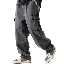 Männer Jeans Streetwear Hip Hop Loose Casual Elastic Taille Fit Fracht Denim Jogger Wide Lein Hosen Jeans