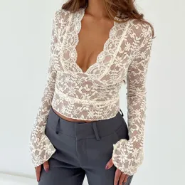 Lace Top Women Sexy Clothing See Through Deep V Neck Flared Long Sleeve T Shirts wedding Party Clothes