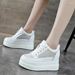 Scarpe casual da 9 cm Air Mesh Genuina Leather Women Platform Fashion Platford Wearky Sneaker Summer Vulcanize nascoste