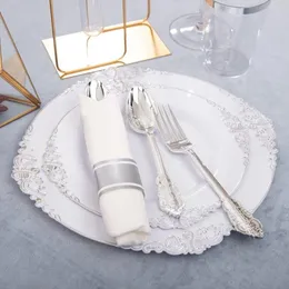 Einweg -Geschirr 350pcs Silber Plastikplatten Vorgerollte Servietten für 50 Gäste Dinerware Set 100