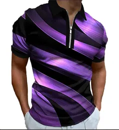 Herren Standup Kragen Polo -Hemd Spiral gestreiftes Revers Daily Shortsleeved Reißverschluss 3D -Kleidung Kleidung Fashion Casual Komfortable 240411