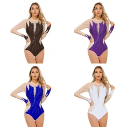 Trage Bühne Damen Strass bloßes Mesh Langarm Ballett Tanz Bodysuit Gymnastik Lotard glitzern