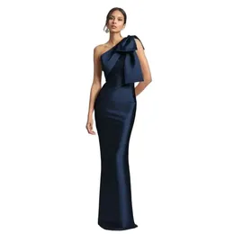 Elegant Long One Shoulder Dark Navy Prom Dresses With Bow Mermaid Satin Zipper Back Pleated Floor Length Evening Dresses for Women