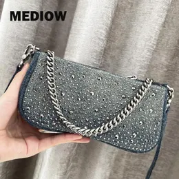 Bolsa de ombro Mediow Saco de noite para mulheres Bolsa de designer de luxo e bolsas 2024 em mosaico jeans de imitação de diamante de diamante