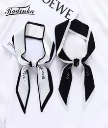 Scarves Badinka 2021 Black White Long Skinny Silk Hair Scarf Headband Women Letter Printed Purse Bag Head Foulard Cheveux2682571