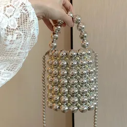 Luxury Big Pearl Bucket Bag Komuna Elegancka ręcznie robana przezroczyste koraliki wieczorne torebki i torebki torebki Messenger Dinne 240418