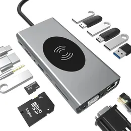Piętnaście w jednej stacji dokującej typu C USB-C do portu sieci HDMI VGA Hub Phone Phone Fourbel Ładowanie bezprzewodowe