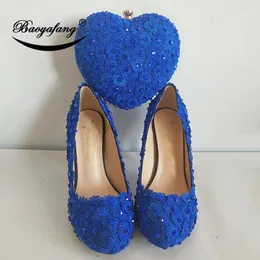 Sapatos de vestido Baoyafang Crystal Royal Blue Flower Heart Saco e Mulher Casamento Plataforma de noiva com sacos combinando bombas femininas