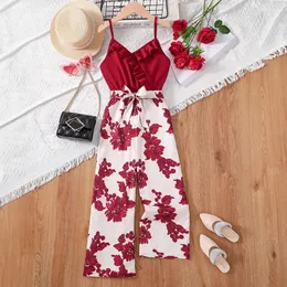 Set di abbigliamento Fashion per 8-12ys per bambini Outfit Burgundy saltoni di salti Burgundy Girls Floral Stampato Vacazioni per le vacanze Birthday Teenager Daily Casual Daily Casual