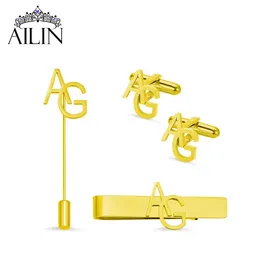 Ailin Drop Custom Man Cufflinks Cuffs 개인화 된 옷깃 핀 타이 클립 브로치 세트 보석 게스트 선물 셔츠 웨딩 240412