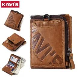 Wallets KAVIS Crazy Horse Leather Men Wallets Vintage Cowboy Travel Wallet Card Holder Fashion Coin Purse for Women with Extenal Cardbag