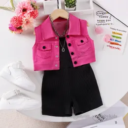 Summer Girls Clothes Sets Kinder Hosentall -Overall mit Revers Single Breasted Weste 2pcs Fashion Children Casual Outfits Z7795