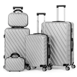 Set 5st Bagage Set Silver resväska Set med Silent Spinner Wheel ABS Bagage TSA Lock Family Travel Suitcase