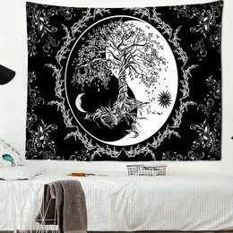 Schwarz weiße Wandtuch trippy Sonnenmond Bohemian Hippie Wandteppich Psychedelic Yin Yang Wandkunst Baum des Lebens Wand Hanging Decke 240409