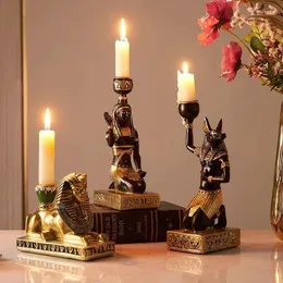 양초 홀더 4pcs 양초 촛대 창조적 인 고대 이집트 스핑크스 아나비스 수지 동상 장식품 홈룸 테이블 장식 보유자