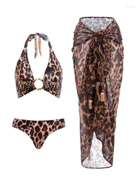 Leopard Print Reversible Women Fashion Bikini Split Halter Swimsuit Deep V Sexy Beach Drape Cover Up Design Summer 2024