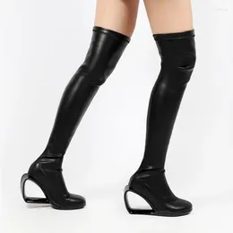 Stiefel Mode reine Farbe 8 cm hohe Hohlauslöser rund Zehen Herbst Winter prägnant Frauen über dem Knie HL455 Muyisexi