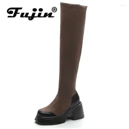 Botas Fujin 8cm de tecido esticado de ovelha de camurça elástica Mulheres plataforma cunha Bloco de primavera de outono sobre o joelho booties altos sapatos