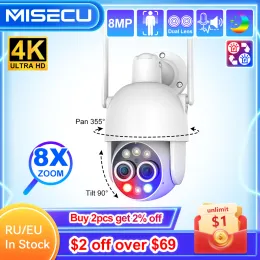 카메라 Misecu UHD 4K 8X PTZ 하이브리드 줌 2.8mm 12mm 듀얼 렌즈 무선 IP 카메라 8MP 인간 감지 자동 추적 Wi -Fi 카메라 색상 밤