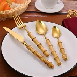 Dinnerware Sets Bamboo Handle Cutlery Set Stainless Steel Natural Tableware Knife Fork Spoon Flatware