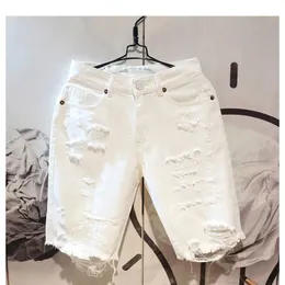 Letnie mody przycięte męskie rozerwane szorty luźne proste, swobodne białe spodnie dżinsowe streetwear men chłopak dżinsy 240420