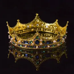 Jóias Europa Europa Corte Barroca Vintage Partido Princesa Bridal Tiara Men King Crown Crystal Pearl Round Metal Wedding Unissex Crown