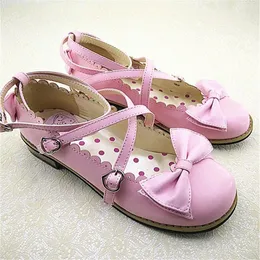 Scarpe casual giapponese Tea Party Lolita Cinta a croce bassa con tacco basso Bowknot TOE TOE Girl Princess Women's Kawaii Cosplay Anime