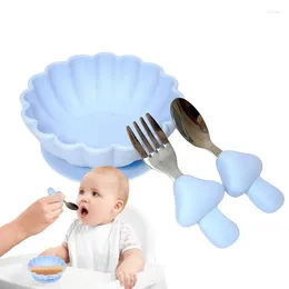 Servis uppsättningar Baby Tabelleriset Sug Bowls Soft Spoon Fork Silikon Söt pumpa design med mikrovågsugn