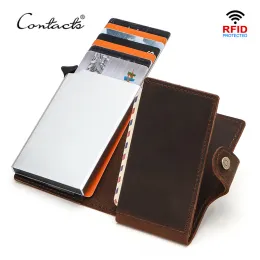 Holders CONTACT'S RFID Blocking Crazy Horse Leather Men Wallet Credit Card Holder Aluminium Box for Men Women Automatic Pop Up Card Case