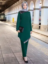 衣類イスラム教徒2ピースセット女性アバヤドバイレースアップトップスとワイドレッグパン