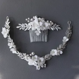 Schmuck Keramik Blume Braut Haar Kamm Vine Silber Farbe Blatt Hochzeit Stirnband Tiara handgefertigte Frauen Kopfstücke Kopfstücke