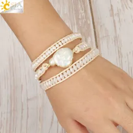 Bangle CSJA Bohemia Многослойная обертка кожаные браслеты регулируемые белые пресноводные жемчужины стеклянные хрустальные очарование женщин сотканные браслеты S474