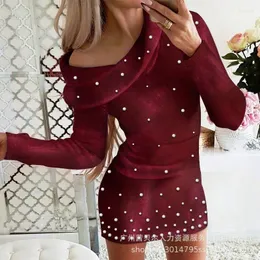 Casual Dresses Arrivals Women Most In 2024 Autumn Clothing Solid Color Foam Beads Decorative Velvet Lapel Long Sleeve Skirt