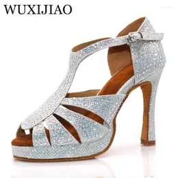 Sapatos de dança Wuxijiao Silver feminino panorning rhinestones salsa baile dança largo com 10 cm