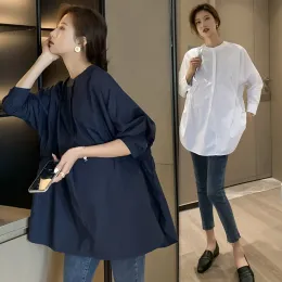 Shirts 751# 2023 Autumn Korean Fashion White Maternity Blouses Chic Ins Loose Elegant Shirts Clothes for Pregnant Women Pregnancy Tops