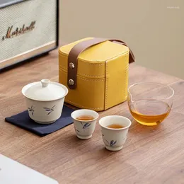 TEAWARE SETS handmålad fjäril Orkidé Travel TEA SET Bärande Bag Bowl 2 Cups Kettle Gift Teacup Ceramic Gaiwan Sile