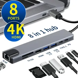 HUBS USB C HUB 8 في 1 النوع C 3.1 إلى 4K HDMI محول مع RJ45 TF/SD Card Reader PD Charge for Macbook Notebook الكمبيوتر المحمول